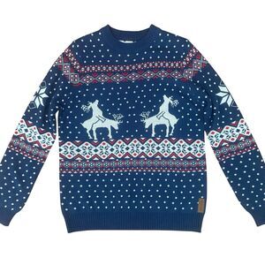 Tipsy Elves Humping Reindeer Ugly Christmas Sweater Men's L Blue Crewneck Funny